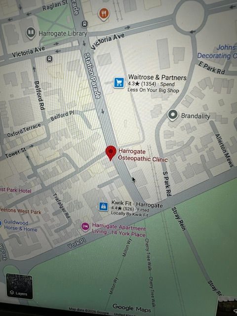 Harrogate Osteopathic Clinic is located on the corner of Station Parade and Robert Street opposite the entrance to the car park for Waitrose